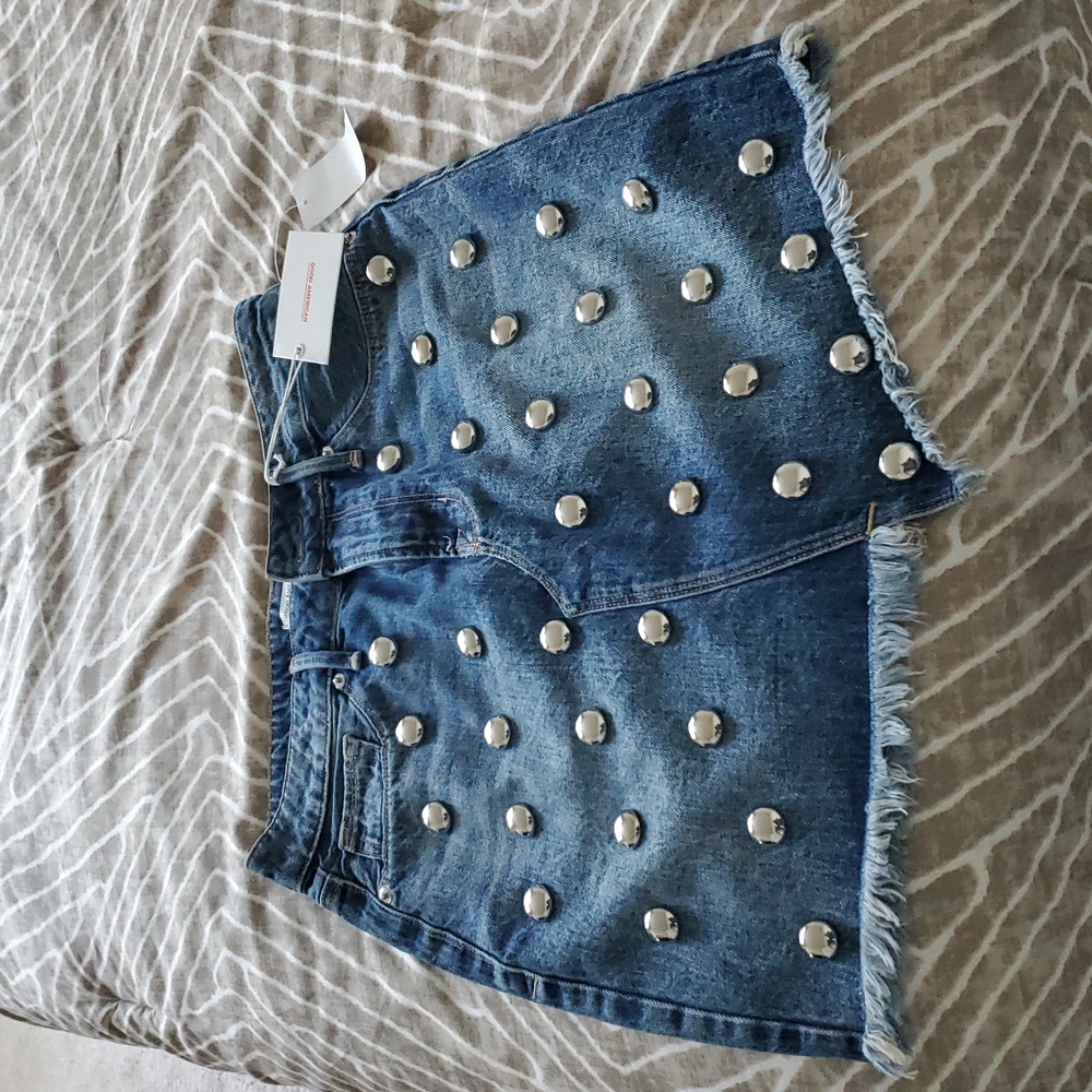 Good American Blue Denim Mini Skirt with Silver Accents